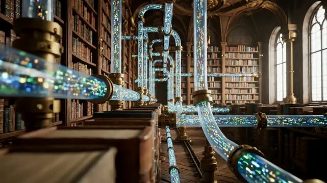 Neural network trading algorithms are showcased as luminous data streams traversing futuristic conduits within a grand, historic library, symbolizing the flow of digital intelligence and knowledge.