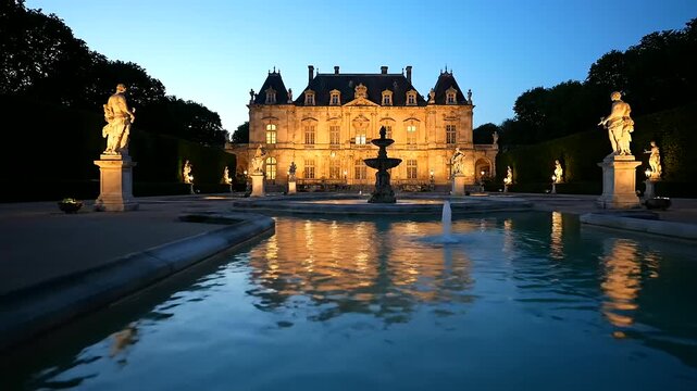 Neural network trading showcases a majestic illuminated ch&acirc;teau at dusk, with fountains and classical statues reflecting golden light in its elegant gardens.