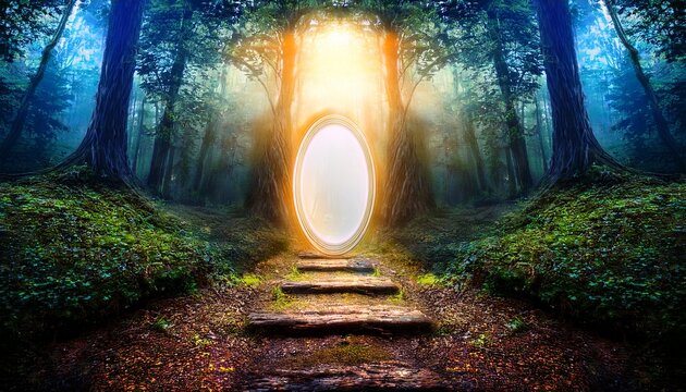 Glowing Portal In Mystical Forest Path Fantasy Adventure Escape