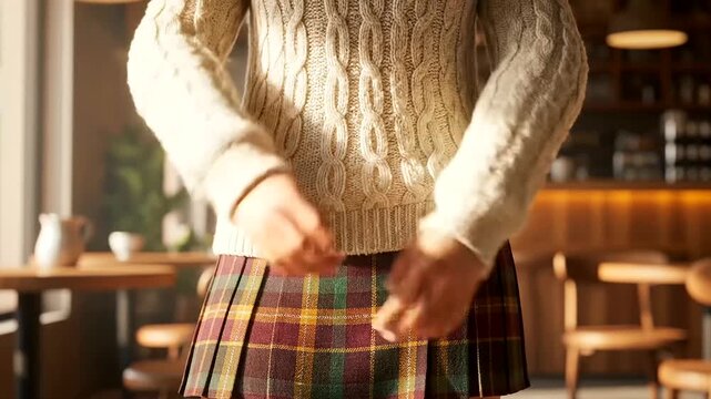 Fall Cozy Fashion, a stylish individual showcases a comfortable cable knit sweater and vibrant plaid skirt inside a warm, inviting cafe bathed in soft natural light, perfect for autumn.