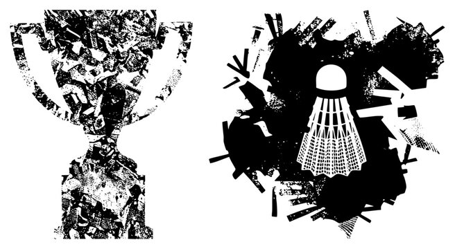 Athletic victory trophy and badminton shuttlecock rendered in distressed halftone, graphic design elements, sports, competitive spirit, stylized vector art.