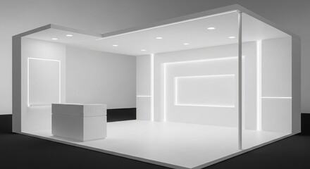Obraz premium Modern minimalist empty exhibition stand with illuminated panels and reception desk in a clean, professional setting.