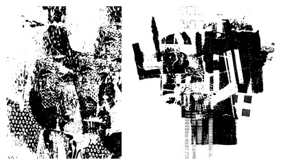 Obraz premium Fragmented composition with halftone dots, stencil cutouts, and distressed textures, abstract art piece, graphic design element, digital collage.