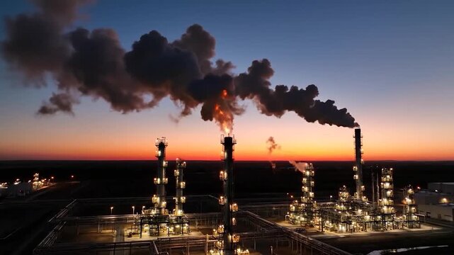 Industrial plant with a large flare stack burning brightly at sunset