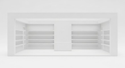 Minimalist white retail store interior with empty shelves and central display unit.