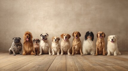 Fototapeta premium A Group of Happy Dogs in Various Breeds, Posing Together on a Wooden Floor with Soft Neutral Background