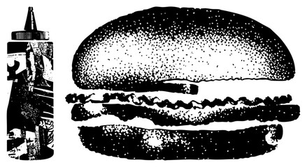 Obraz premium Black and white halftone burger with sesame bun, meat patty, and sauce bottle, stylized graphic food, fast food illustration, vector art.