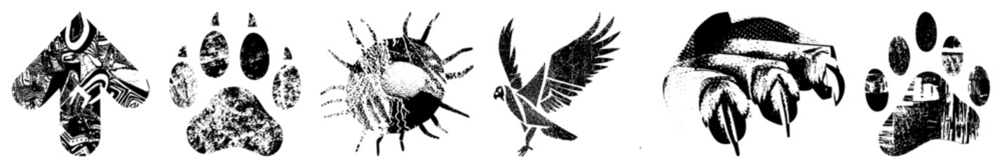 Obraz premium Stylized animal tracks and bird shapes rendered in halftone, vector graphic, isolated, wildlife motifs, design.