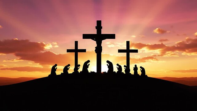 Minimalist symbolic scene showing the silhouette of Jesus on the cross with two praying figures on a hill.