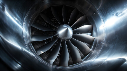 Close Up View Into A Symmetric Powerful Silver Metallic Jet Engine Turbine 