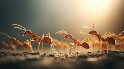 Fototapeta premium A detailed close-up of a disciplined colony of ants marching in a focused line across the dirt ground.