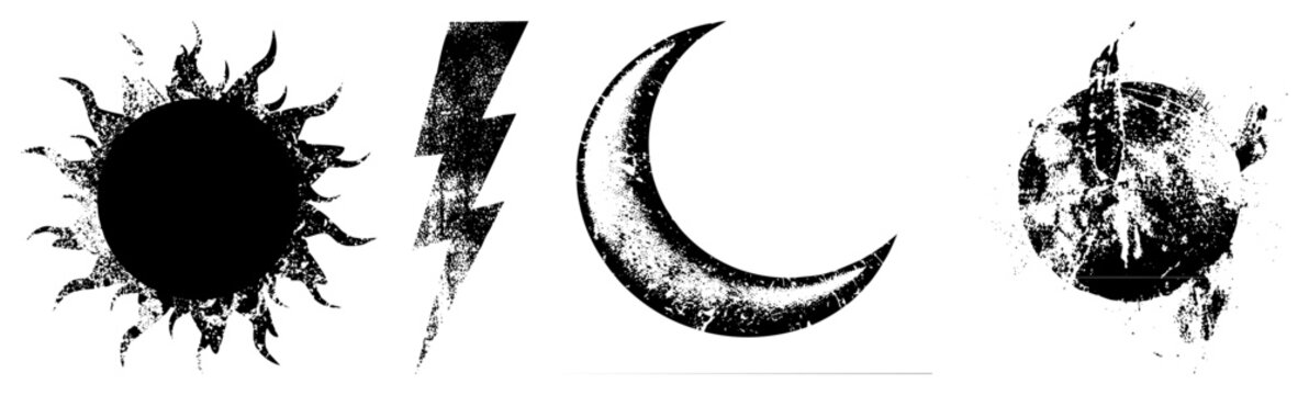 Distressed black vector sunburst, lightning bolt, moon, and earth globe. Graphic elements with gritty texture, ideal for dark themes, occult, or weather design.