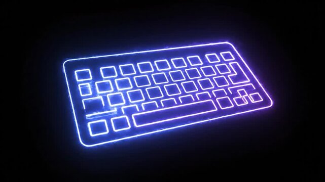 Neon blue and purple outline of a computer keyboard glowing in the dark