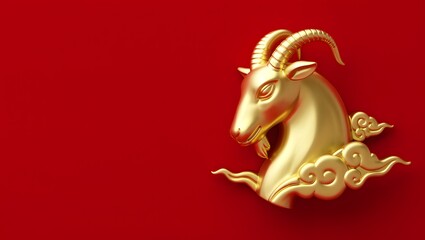 Golden Goat Sculpture with Cloud Motif Against Red Background
