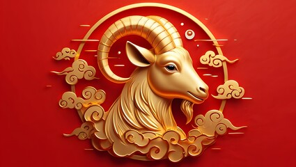 Golden Ram Head with Clouds on Red Background for Cultural Celebration