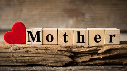 Heartfelt Love for Mother with Wooden Blocks and Rustic Background