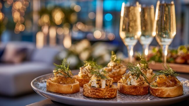 Catering setup at a corporate event with gourmet canapes and sparkling drinks in a modern venue during evening hours