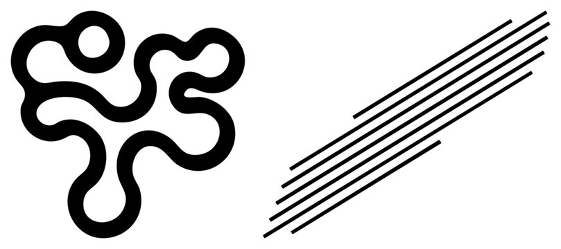 Black vector shapes featuring a flowing organic blob form and angled parallel, minimalist graphic elements, modern design motifs, isolated foreground elements.