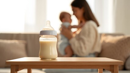 Bottle of milk in foreground with mother holding baby in background