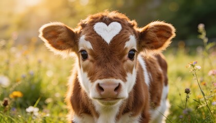 A charming brown and white calf with a distinctive white heart-shaped marking on its forehead stands in a vibrant sunlit meadow, symbolizing innocence and natural beauty.