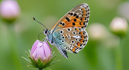 Obraz premium Close-up of a beautiful butterfly with intricate wing patterns resting on a delicate pink flower bud in a vibrant garden.