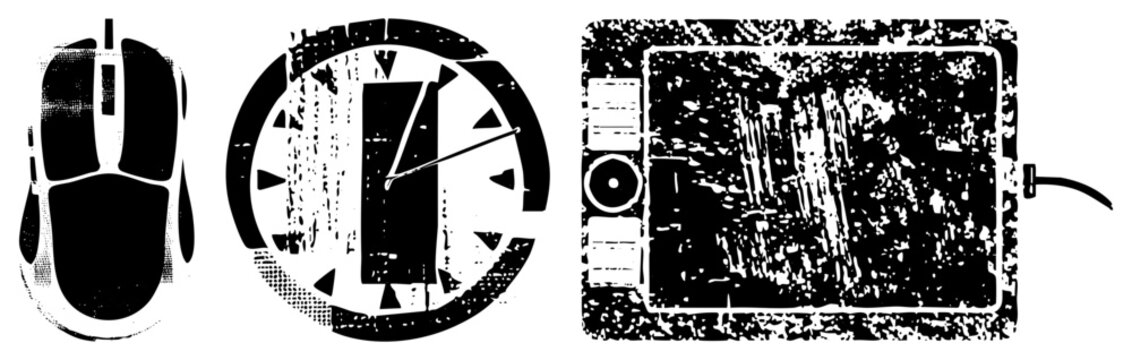 Retro tech devices rendered in halftone, gaming mouse, analog clock, digital tablet, pixelated textures, tech nostalgia, vector illustration.