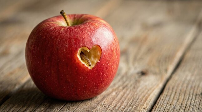 A vibrant red apple with a heart-shaped hole revealing a small worm inside, resting on a rustic wooden surface, symbolizing hidden imperfections.