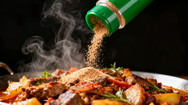 Pouring spice powder or seasoning from a green bottle onto steaming hot meat stew. Cooking process with steam and aromatic ingredients.