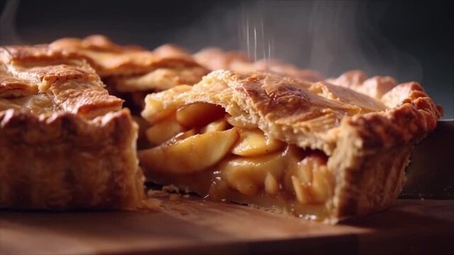 A slice of hot apple pie being lifted from a freshly baked pie on a wooden table