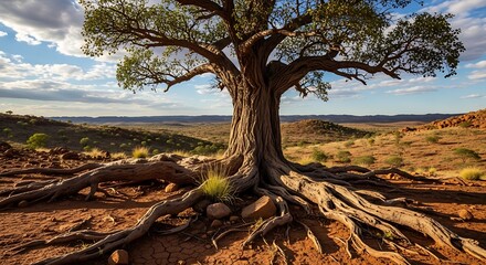 Fototapeta premium Ancient tree with exposed roots on a hillside under a sunny sky