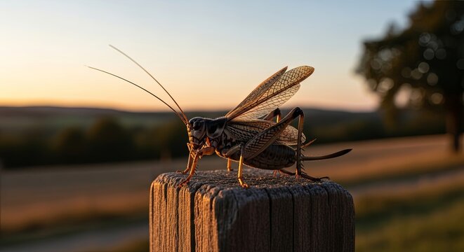 Close-up of a cricket perched on a wooden post at sunset, showcasing its intricate details against a warm, blurred background.
