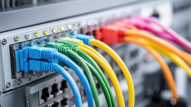 Colorful network cables neatly organized and plugged into a server rack, representing seamless data flow and connectivity