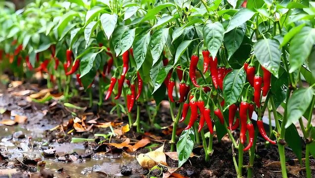 Bright red peppers hang from leafy chili plants in garden.