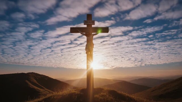 Concept of Easter christian background. Religion Christ and the cross of Jesus Christ at sunset.
