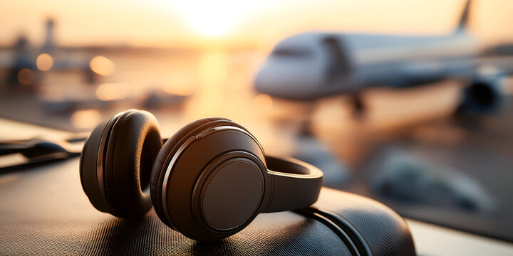 A pair of headphones rests on a table, overlooking an airport runway at sunset, symbolizing relaxation during air travel.