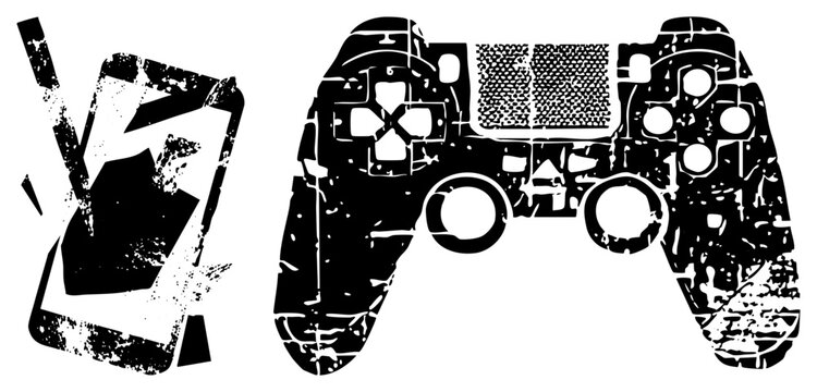 Worn out mobile phone and gaming controller with gritty texture, digital gadgets, retro tech, gaming, broken screen, controller pad, vector art.