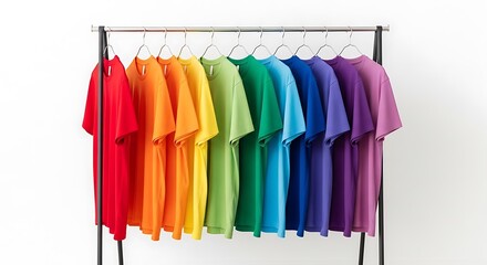 Naklejka premium Colorful t shirts hanging on a rack against white background