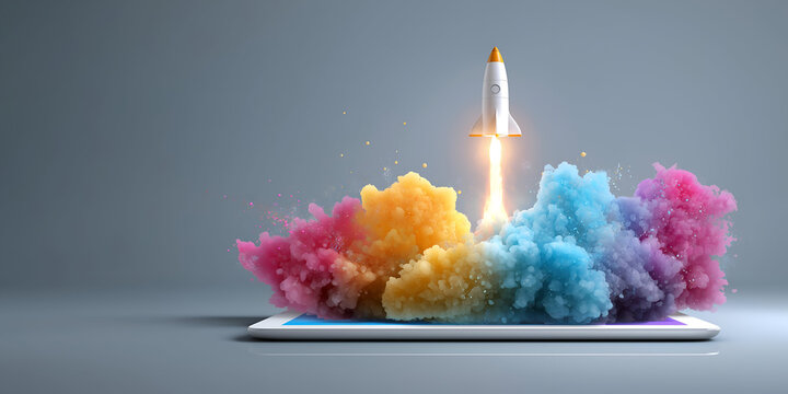 A rocket launching from a tablet, surrounded by colorful smoke, symbolizing innovation and creativity in technology.