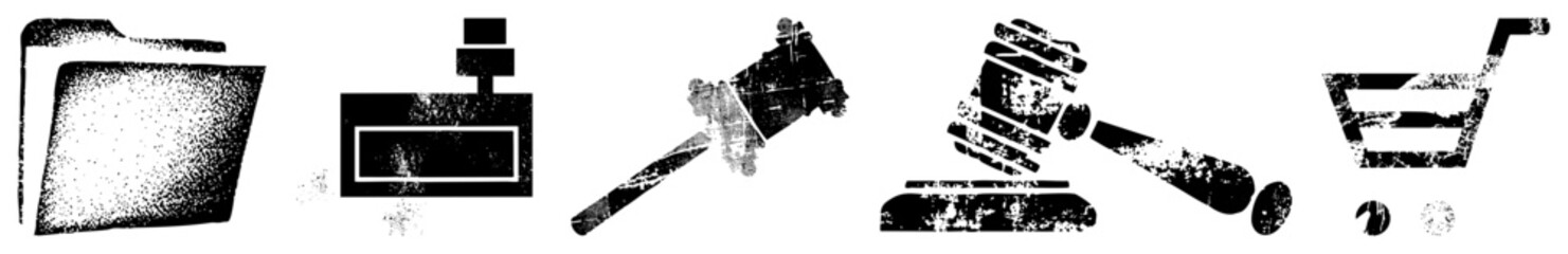 Fototapeta premium Pixelated folder, perfume bottle, auction hammer, shopping cart distressed digital for web UI, design, or graphic assets. Vector symbols with halftone texture.