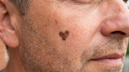 Naklejka premium A prominent dark brown heart-shaped mole is visible on the cheek of a person with stubble, emphasizing skin health, dermatology, and unique body features.