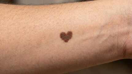 Fototapeta premium A dark brown heart-shaped mole is prominently displayed on the fair-skinned forearm of a person, symbolizing love, health, or unique personal identity.