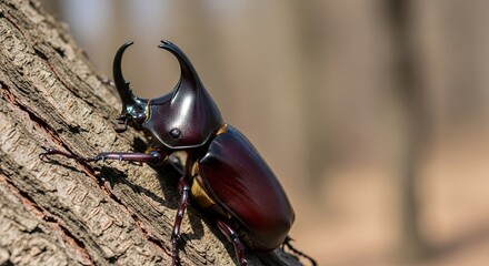 Close-up of a Rhinoceros Beetle Climbing a Tree Trunk in a Forest.