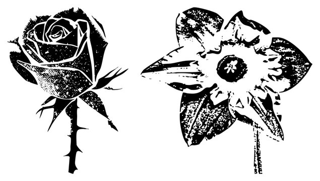 Black and white stylized rose and daffodil with distressed texture, art, graphic design elements, vector illustration, botanical motifs, isolated cutout.