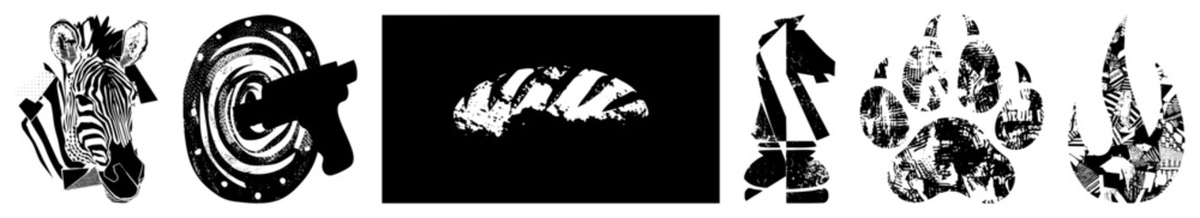 Fototapeta premium Stylized zebra, gun, bread, knight, paw print, and flame rendered in bold graphic shapes, halftone texture, flat vector design.