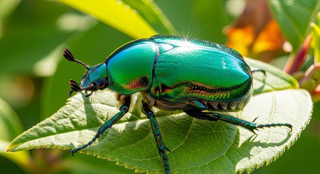 Close-up of a vibrant green beetle resting on a lush green leaf in natural sunlight.
