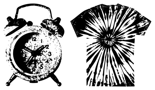 Retro alarm clock with bells and analog dial, tie dye shirt with radial, vector art, black and white, distressed texture, graphic design elements.