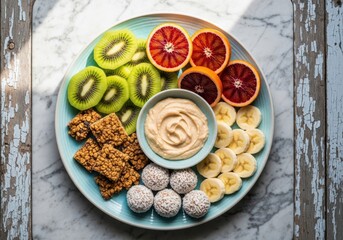 A plate of sliced kiwi, blood oranges, bananas, energy balls, and granola on a marble surface with a bowl of creamy dip