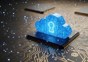 Glowing cloud with padlock hovering above circuit board, symbolizing data sovereignty and code compliance. cloud Illustration