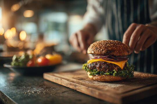 Chef Assembles Gourmet Burger in Modern Kitchen During Busy Dinner Service for a Vibrant Dining Experience