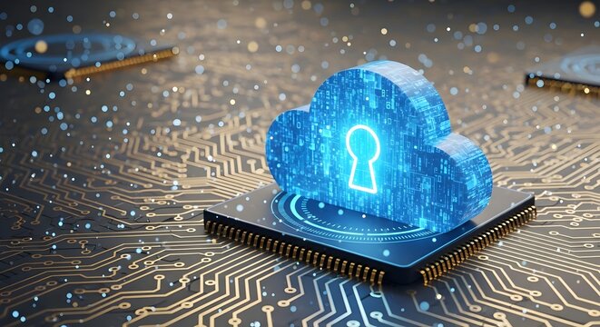 Glowing cloud with padlock hovering above circuit board, symbolizing data sovereignty and code compliance. cloud Illustration
